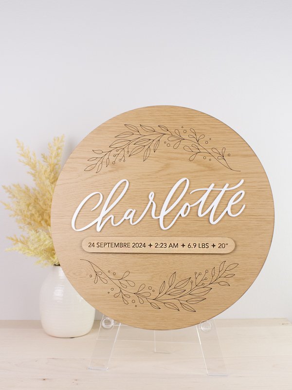Affiche avec prénom calligraphié et option d'infos de naissance - Bordure florale